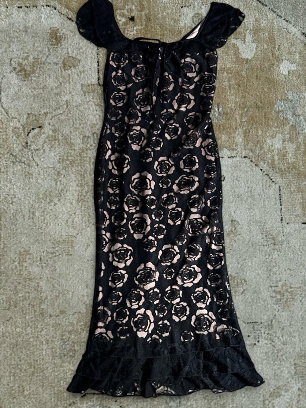 RIHOAS Black Lace Floral Midi Dress with Nude Underlay